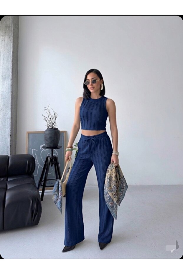 Zero Neck Halter Crop Top Elastic Lace-Up Pocketed Trousers Tassel Set