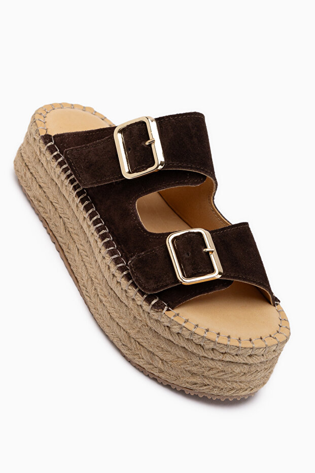 Janika Genuine Leather Brown Suede Straw Sole Women's Slippers