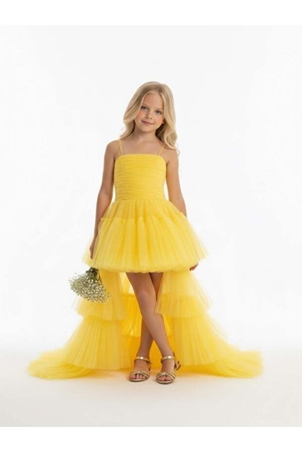 Girl's Tulle Front Short Back Court Train Evening Dress