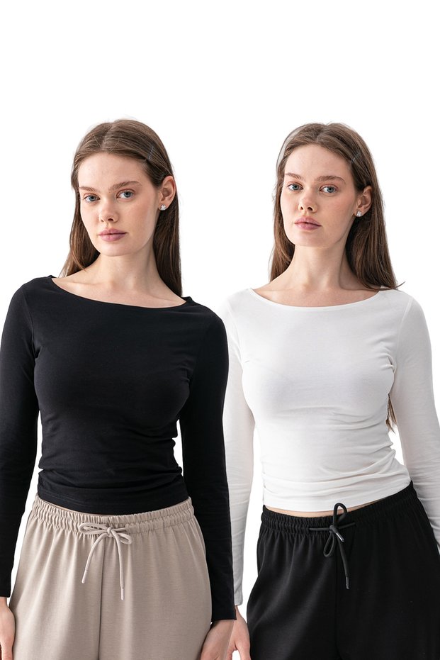 Women's Black-Ecru (White) 2-Piece Flexible Body-Hugging Boat Neck 100% Cotton Long Sleeve Body Blouse