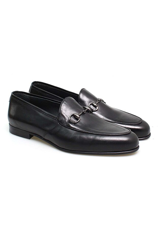 Black Color Laceless Genuine Leather Men's Shoes