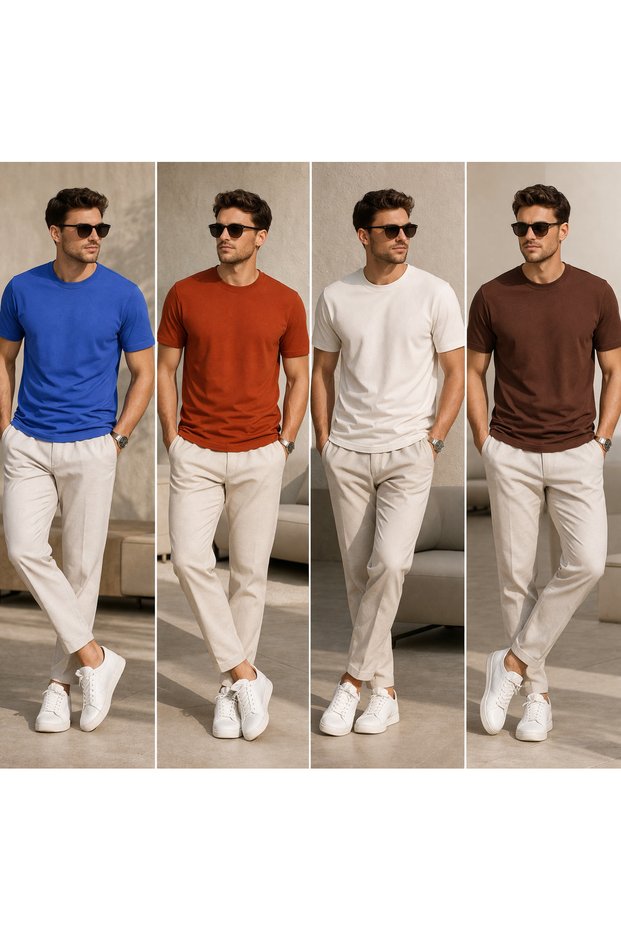 4-Piece Men's Basic T-Shirt Set – Diagonal Interlock Fabric, Premium Tok Duruş, Casual City Style