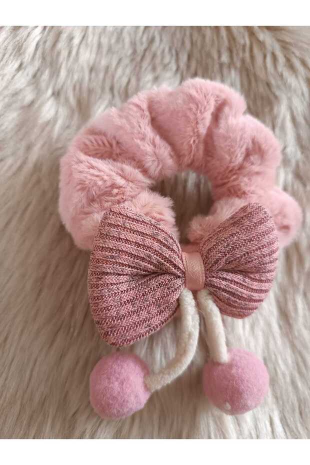 Fluffy Corded Bow and Pompom Detailed Plush Bagel Buckle (1 Piece)