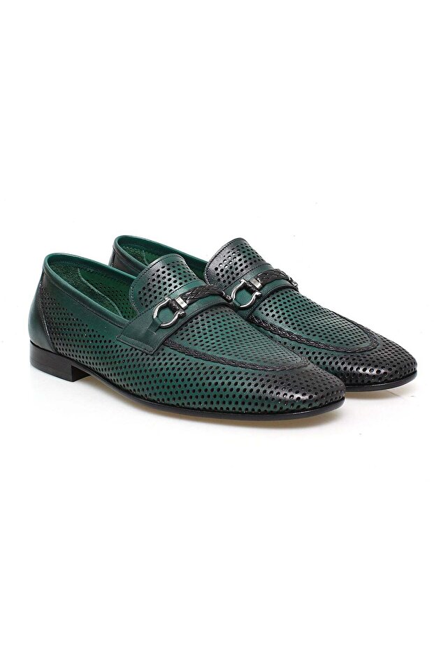 Green Color Laceless Genuine Leather Leather Sole Men's Shoes