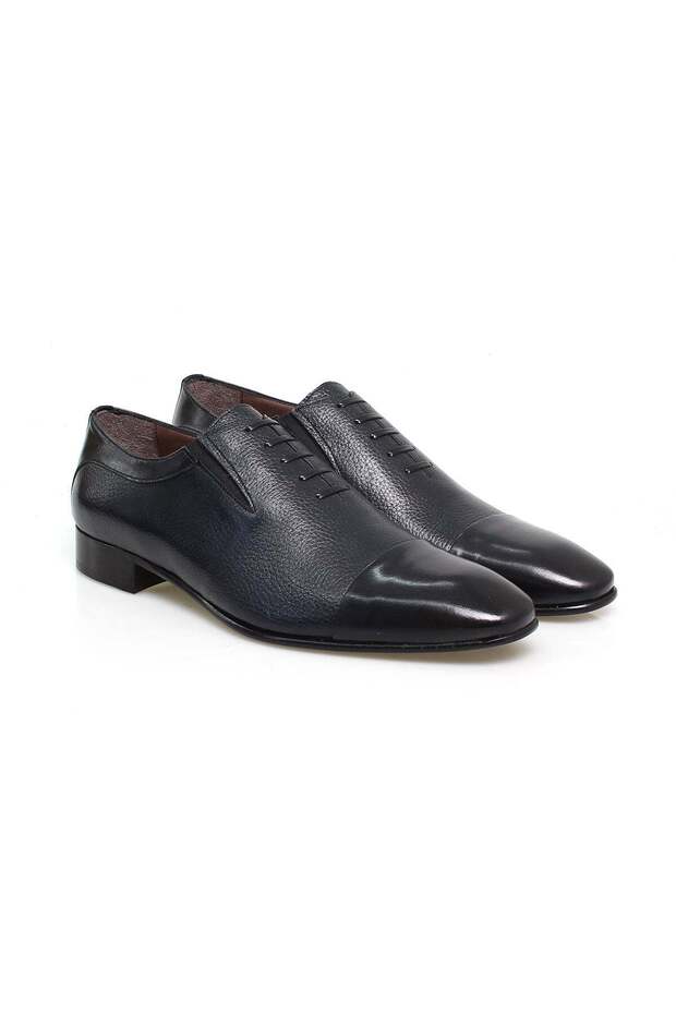 Dark Blue Color Laceless Genuine Leather Men's Shoes
