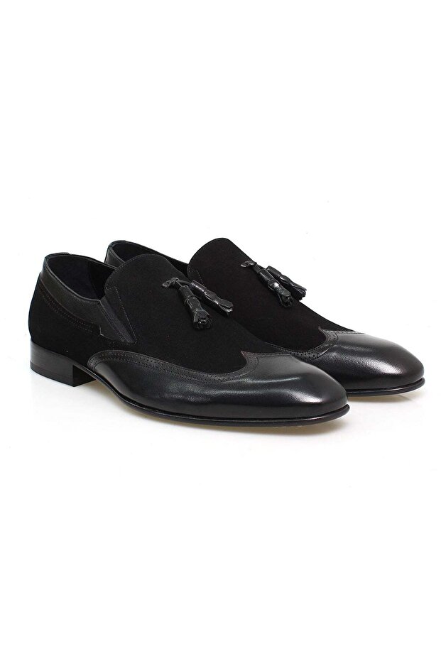Black Color Laceless Genuine Leather Leather Sole Men's Shoes