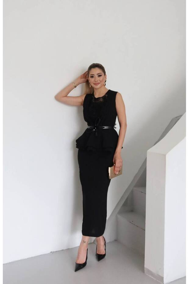 Black Draped Belt Detailed Midi Evening Dress