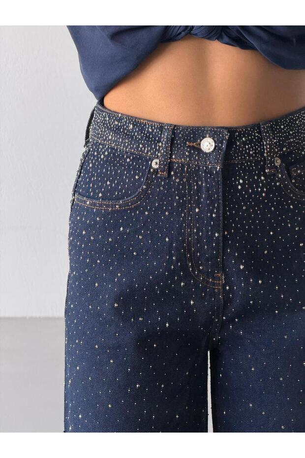 Women's Stoned Wide Leg Jean High Waist Wide Leg Denim Trousers Navy Blue