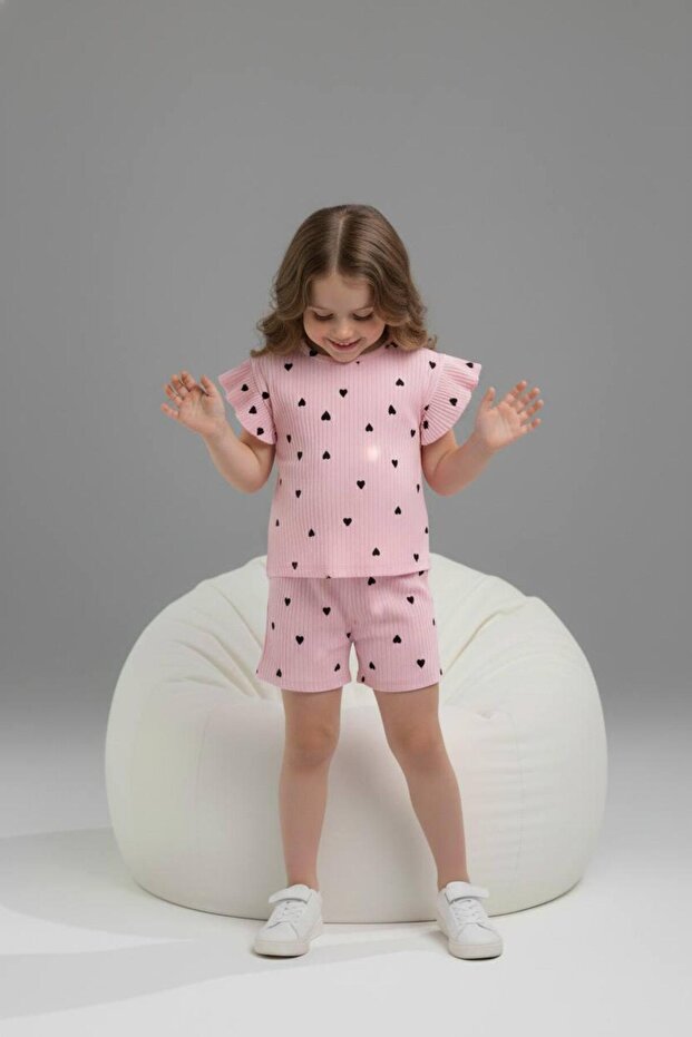 Girl's Heart Patterned Ruffle Gathered Sleeves Ribbed Stretch Shorts Set