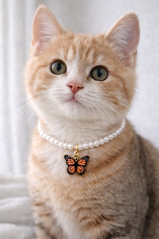 Butterfly and Pearl Design Cat Necklace