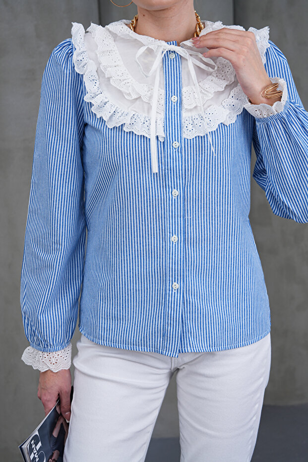 Striped Cotton Shirt with Lace Collar and Buttons on the Cuffs