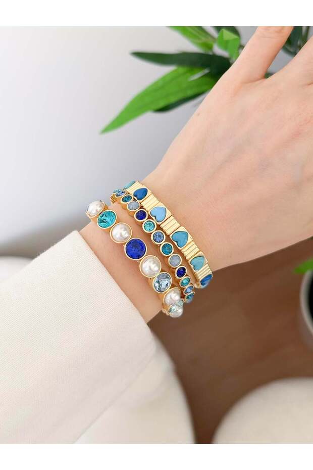 Steel Colorful Stone Elastic Bracelet Set