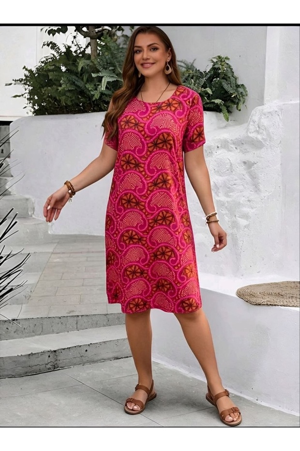 Women's Short Sleeved Crewneck Ethnic Plus Size Dress