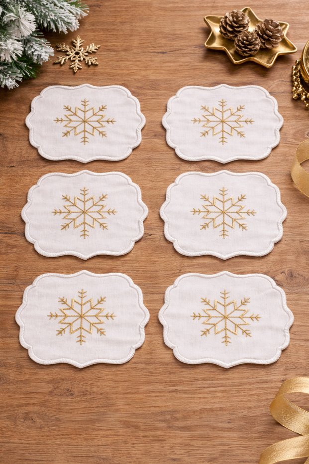 Snowflake 6-piece special embroidered linen coffee presentation napkin, cocktail napkin, party napkin
