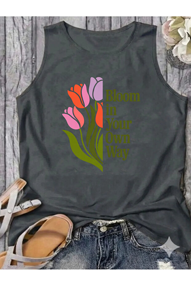 Lale Printed Crew Neck Sleeveless Summer Tank Top Regular Women's Tshirt