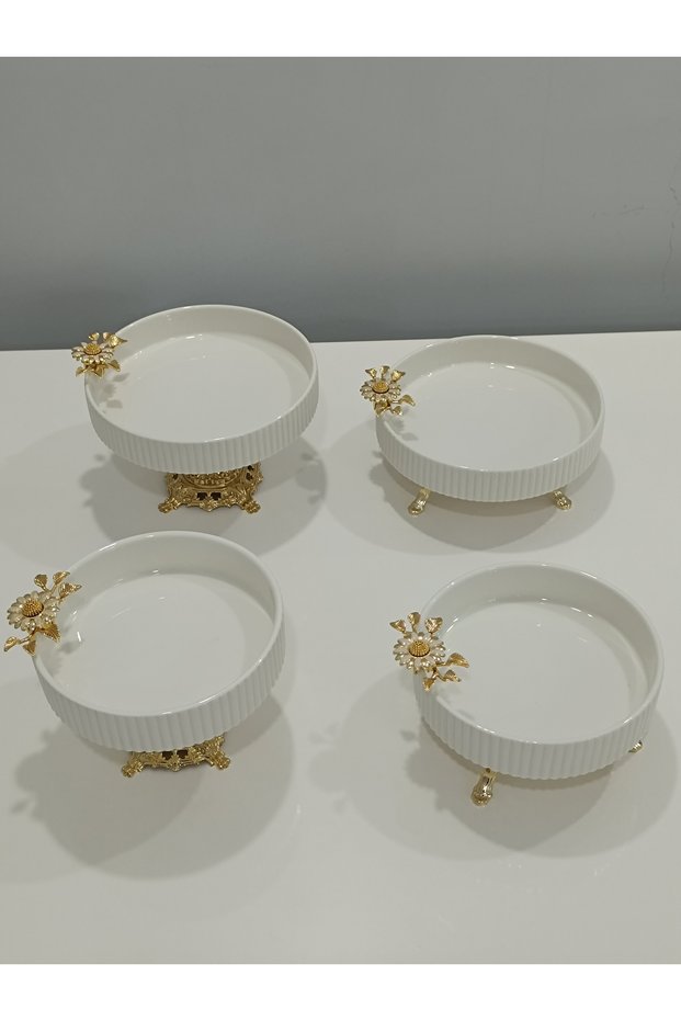 4-Piece Butterfly, Daisy Figured Porcelain, Serving Plate, Presentation Bowl, Metal Gold Legs