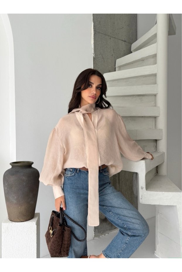 Women's Beige Scarf Blouse