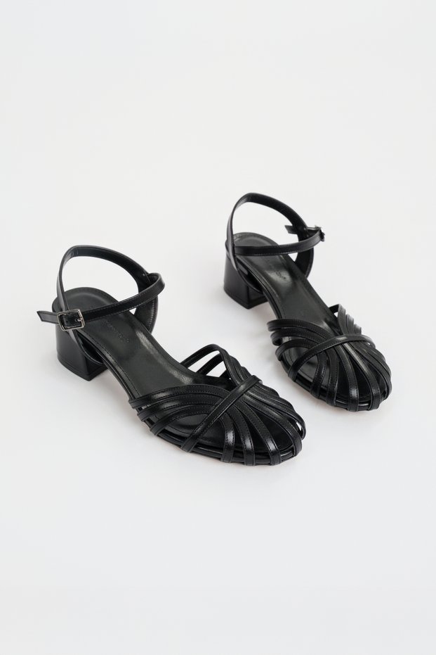 Women's Black Strappy Cage Detailed Mid-Heel Sandals Daily Stylish Comfortable Summer Shoes