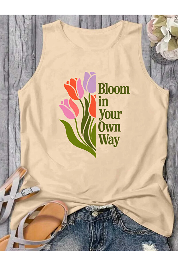 Lale Printed Crew Neck Sleeveless Summer Tank Top Regular Women's Tshirt