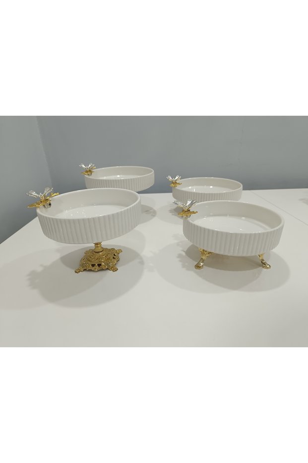 4-Piece Butterfly, Daisy Figured Porcelain, Serving Plate, Presentation Bowl, Metal Gold Legs