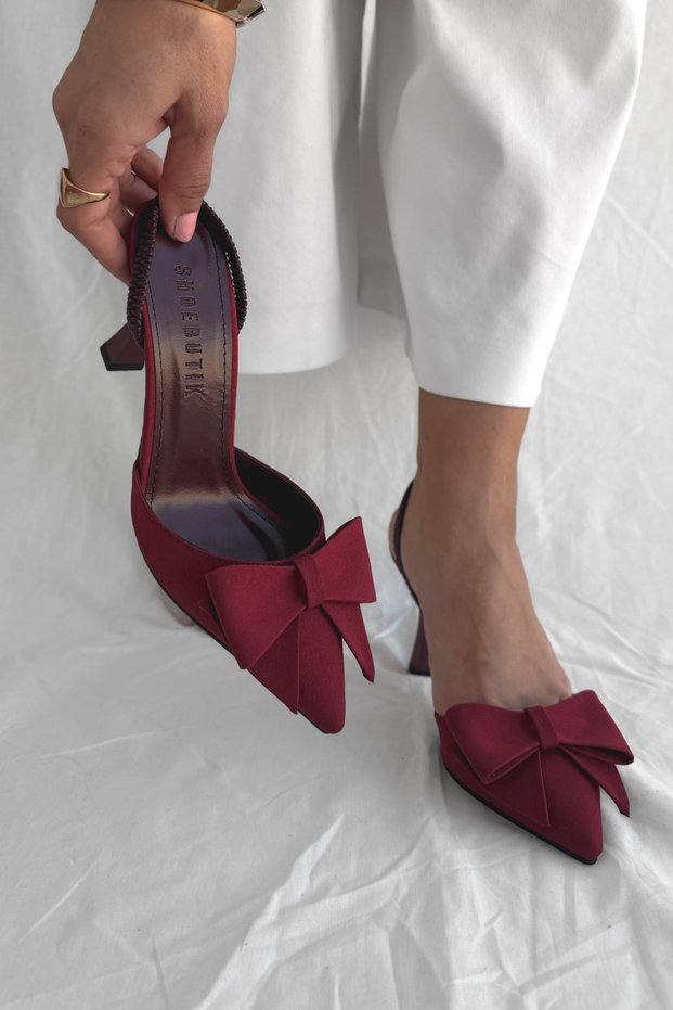 Fiorin Burgundy Satin Ribbon Detail Women's Heeled Shoes