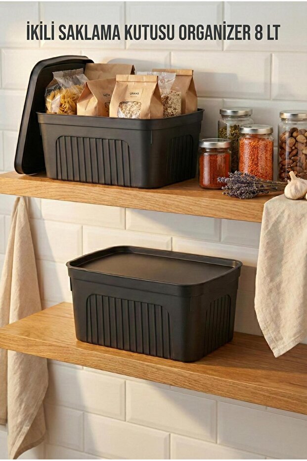 Smoked 2-Piece 8 Lt Unit Storage Box & Multi-Purpose Kitchen and Pantry Organizer