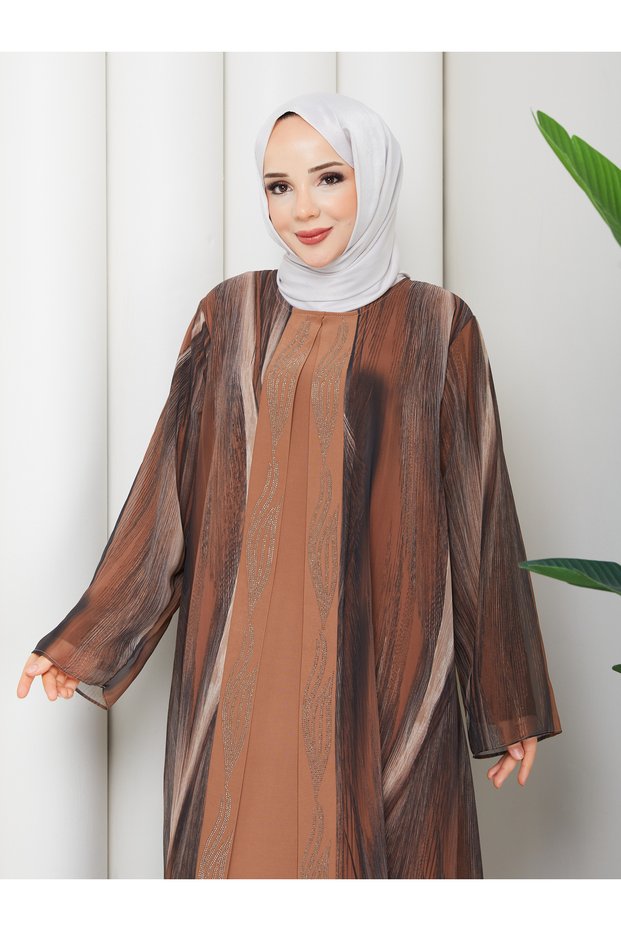 Plus Size Covered Dress with Stone Detail and Patterned Design