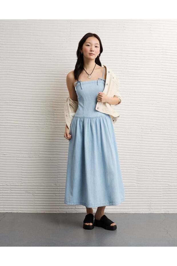 AE Denim Bow Strap Midi Dress