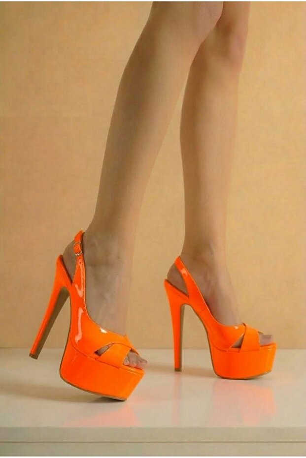 Lizza Orange Patent Leather Side Adjustable Thin High Heeled Women's Shoes