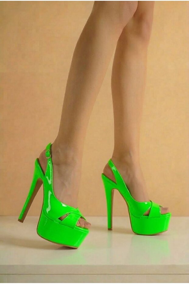 Lizza Neon Green Side Adjustable Thin High Heeled Women's Shoes