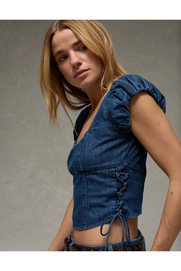 AE Denim Side-Tie Lace-Up Blouse