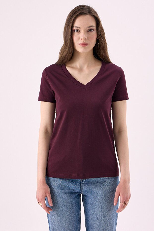 Crep Women's Basic V-Neck Short Sleeve T-Shirt Plum – Regular Fit 100% Cotton