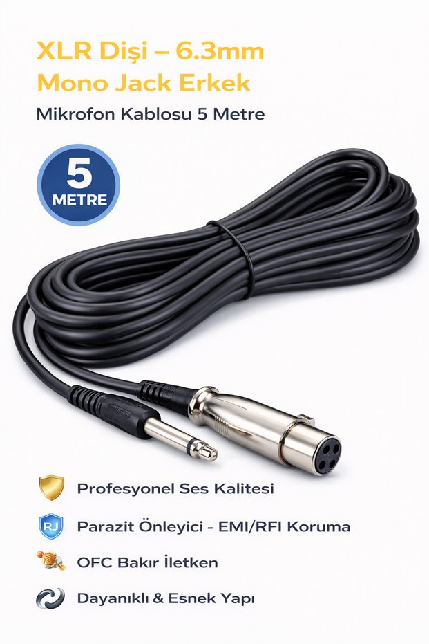 5 Meters Xlr Female to 6.3mm Mono Jack Male Microphone Cable and Guitar Cable | Anti-Parasitic