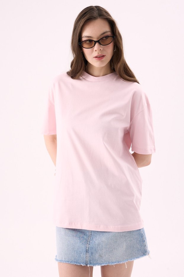 Crep Women's Basic Crew Neck Oversize T-Shirt Pink – 100% Organic Cotton