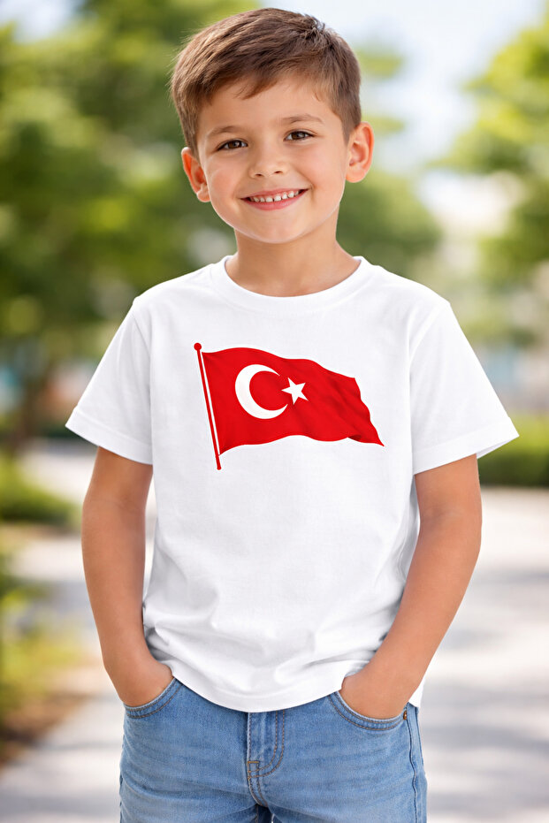 100% Cotton Crescent and Star Flag Special Printed Children's T-Shirt for April 23Rd