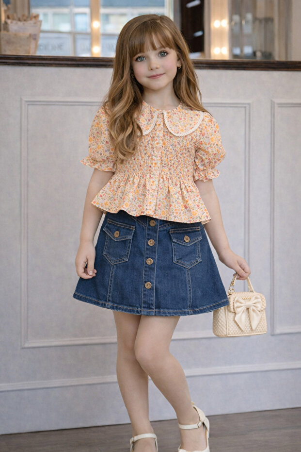 Girl's Set with Floral Patterned Blouse and Denim Skirt - Age 2/10 - 31710