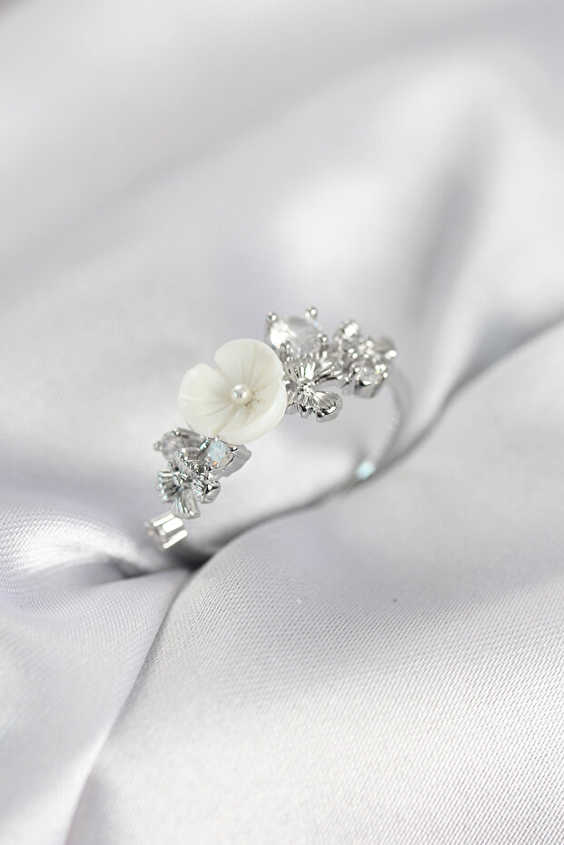 Silver Color Brass Flower Model Zircon Stone Women's Ring