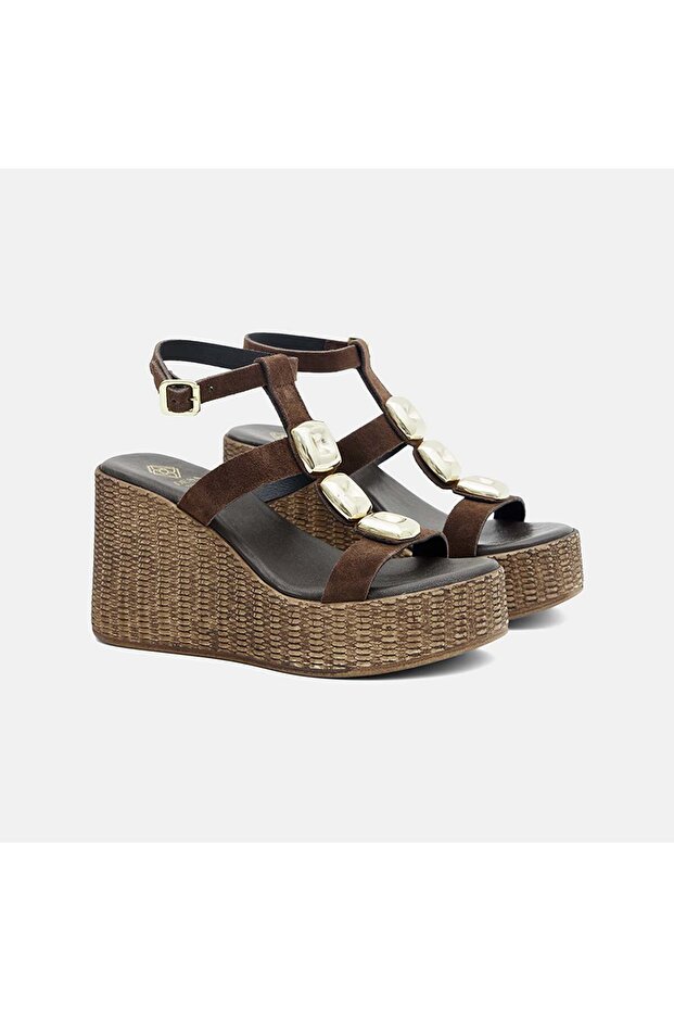 Women's Bitter Brown Suede Sandals with Gold Accessories and Wedge Heels