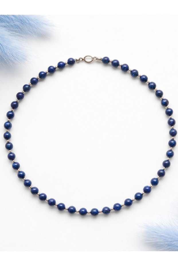 Lapis Lazuli 6 mm Natural Stone Necklace – Steel Clasp Navy Blue Natural Stone Necklace | Energy Stone Necklace