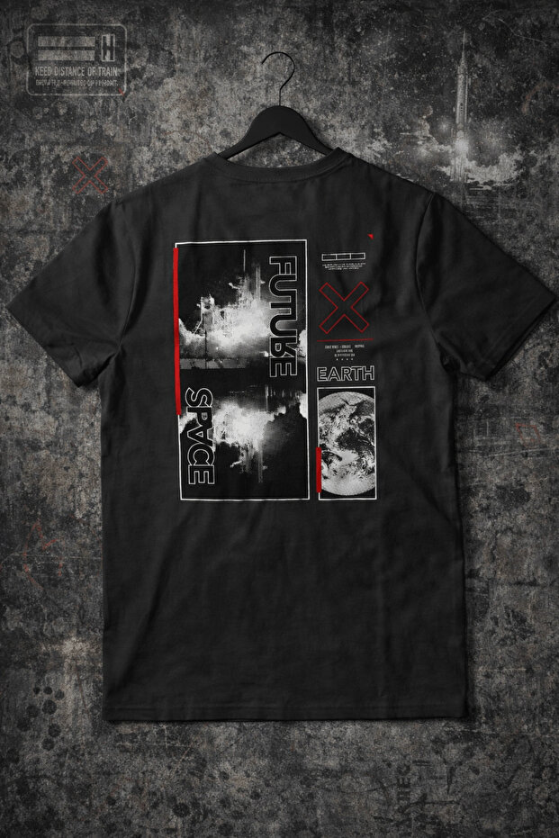 Future Space Back Printed Cotton T-Shirt Black Edw904