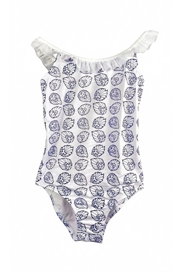 Lion Patterned Mesh Shoulder Detailed Girls' Swimsuit