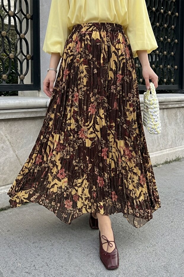Floral Asymmetrical Crinkle Bitter Brown Skirt