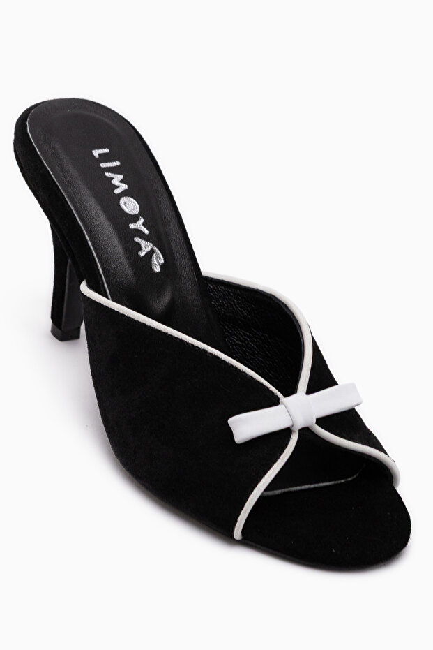 Meri Genuine Leather Black Suede Heeled Women's Slippers