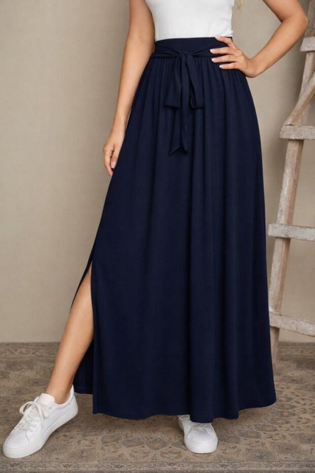 Women's High Waist Belted Long Sandy Skirt with Side Slits