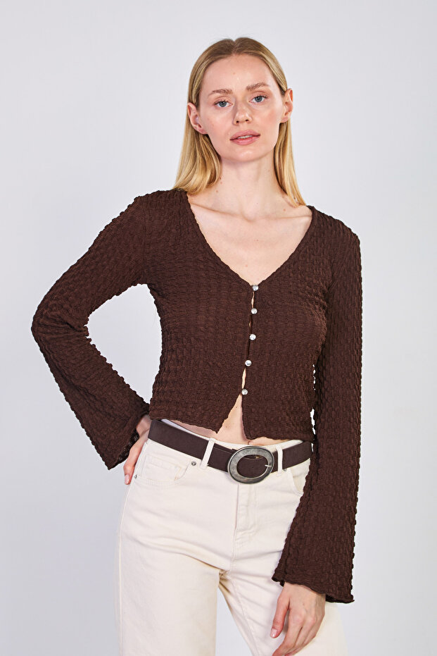 Women's Button Front Spanish Sleeve Blouse - Bitter Coffee