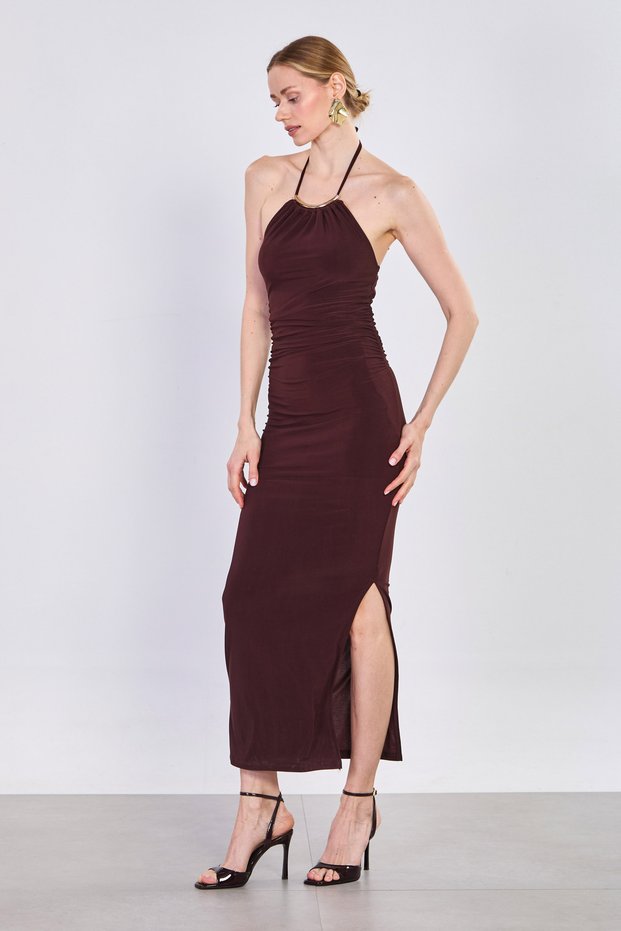 Women's Halter Neck Draped Dress - Bitter Brown