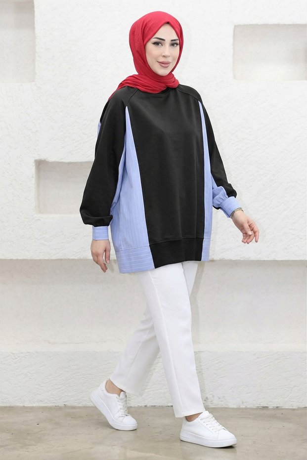 5553 - Comfortable, Casual Basic 2-Thread Striped Poplin Fabric Garnished Sweatshirt Women's Long Sweatshirt