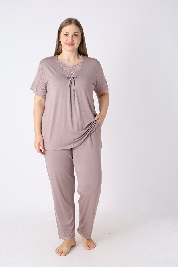 Women's Plus Size Viscose Lace Detailed Short Sleeve Comfortable Fit Pajama Set