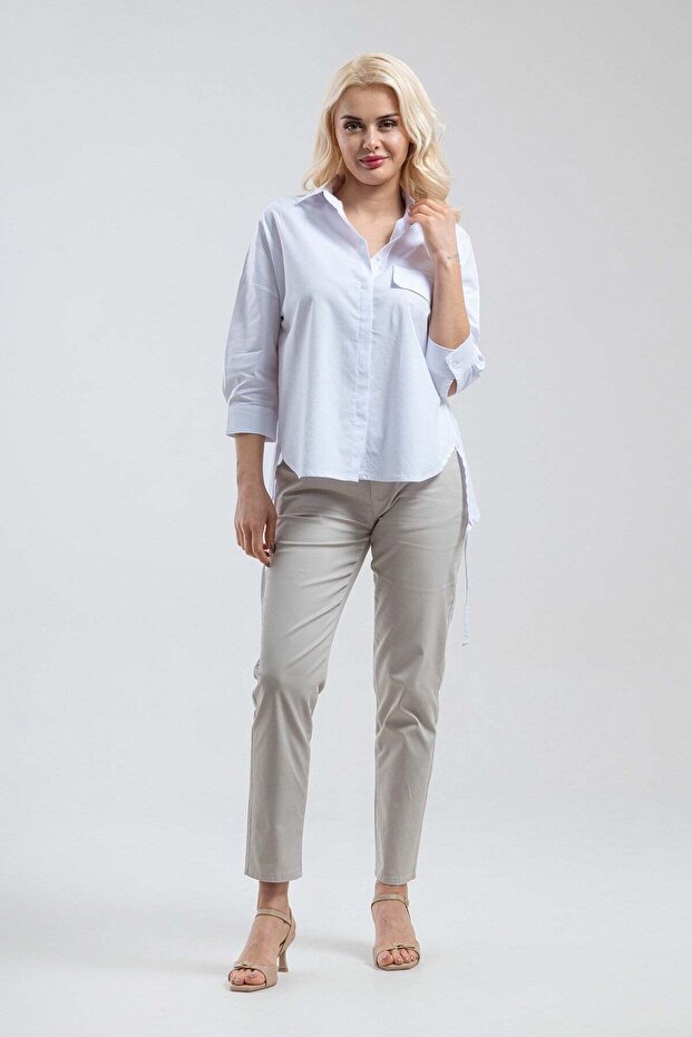 Women's White Cord Detailed Oversize Cotton Lycra Shirt