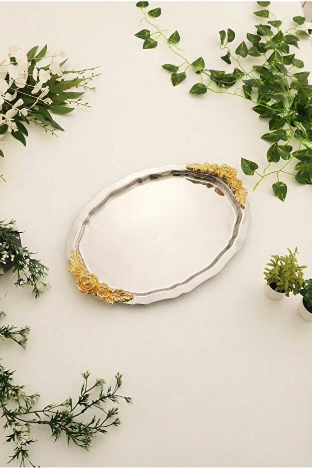 Azak Silver Stainless Steel Oval Gold Handle Coffee Presentation Tray Serving Decorative Tray